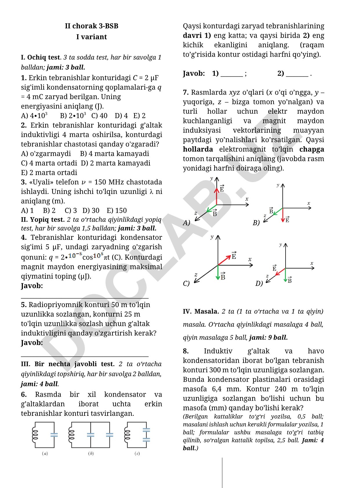 Fizika fanidan test savollari to'plami