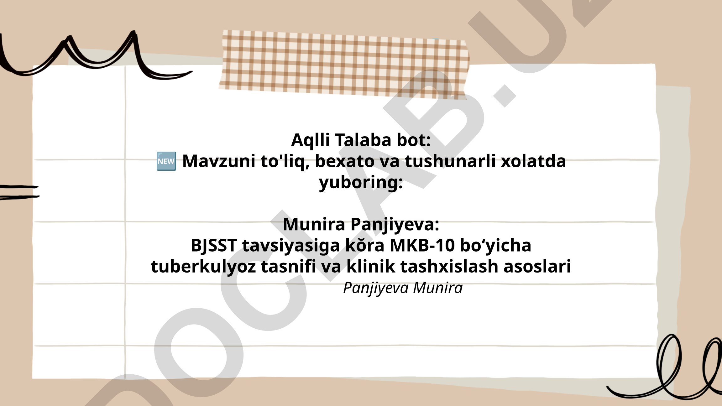 BJSST tavsiyasiga kŏra MKB-10 boʻyicha tuberkulyoz tasnifi va klinik tashxislash asoslari