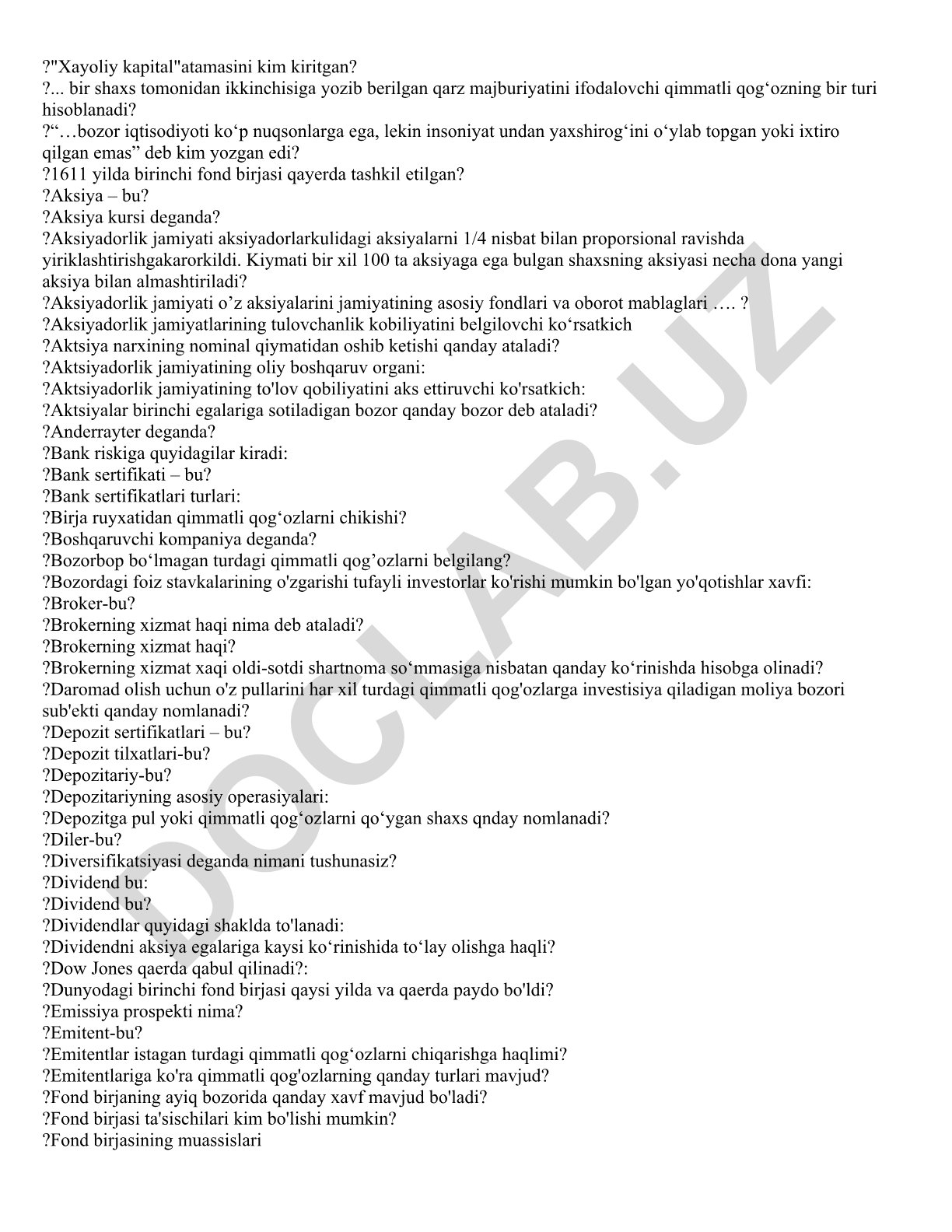 Moliyaviy bozorlar va aksiyadorlik jamiyatlari bo'yicha test savollari