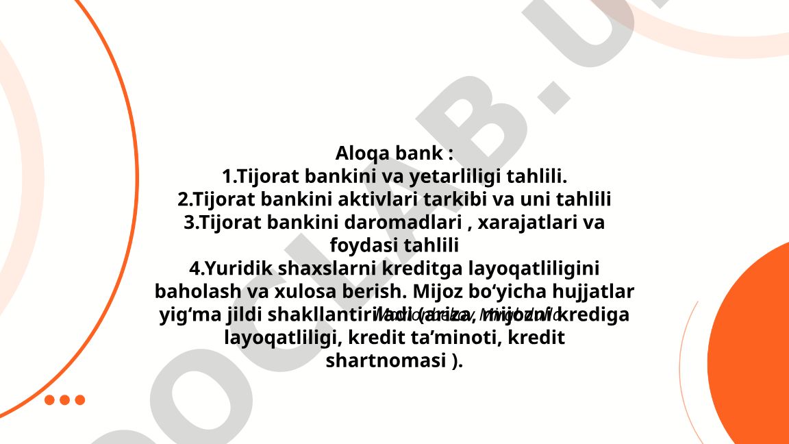 Tijorat banki tahlili va yuridik shaxslarni kreditga layoqatliligini baholash