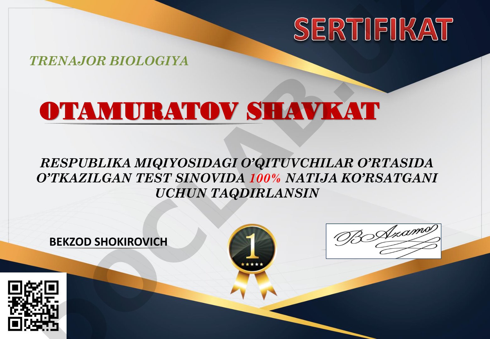 Respublika miqyosidagi test sinovida 100% natija ko'rsatgan biologiya o'qituvchisini taqdirlash