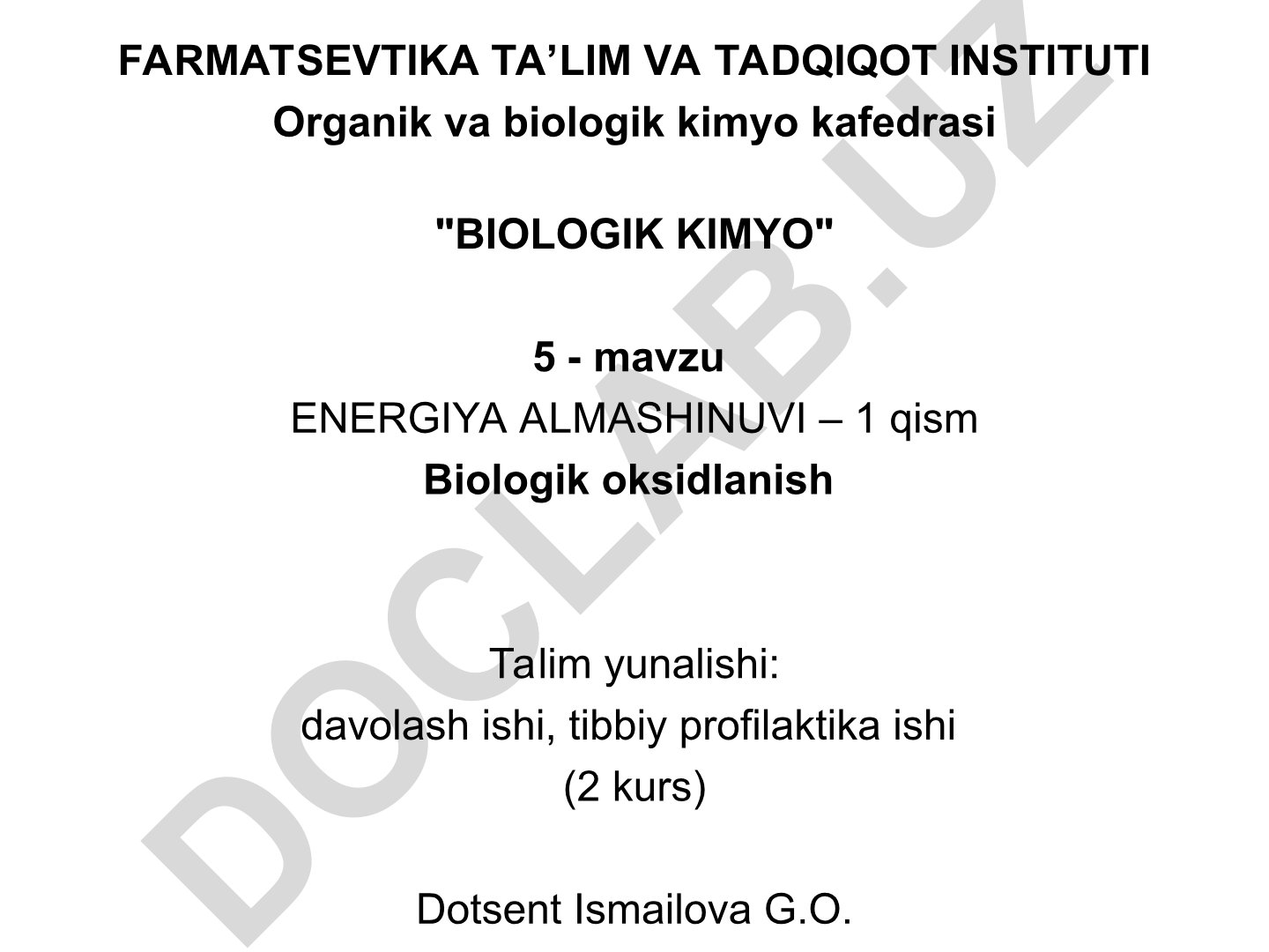 Biologik kimyo: Energiya almashinuvi va biologik oksidlanish