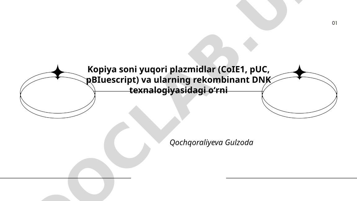 Kopiya soni yuqori plazmidlar (CoIE1, pUC, pBluescript) va ularning rekombinant DNK texnologiyasidagi oʻrni
