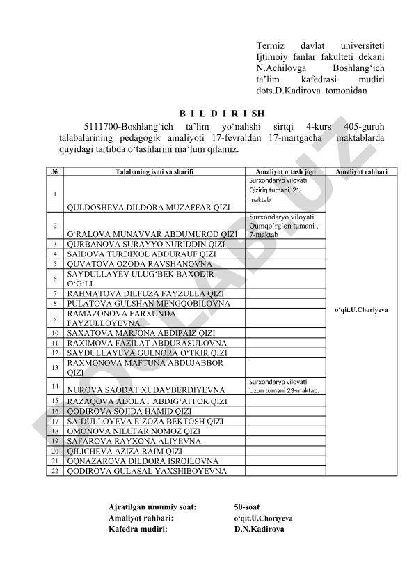 Boshlang'ich ta'lim yo'nalishi talabalarining pedagogik amaliyoti tartibi