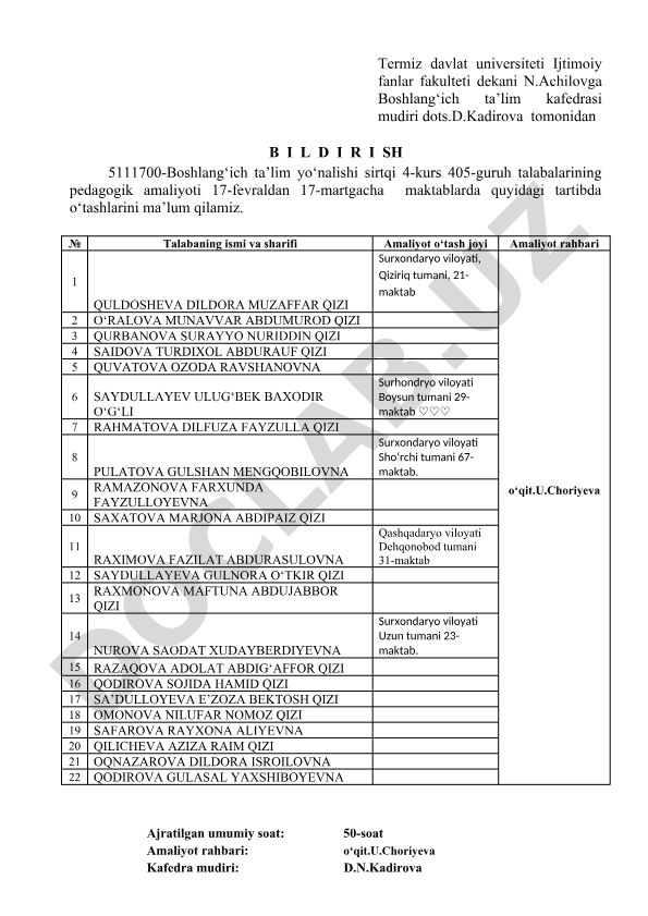 Boshlang'ich ta'lim yo'nalishi talabalarining pedagogik amaliyoti tartibi