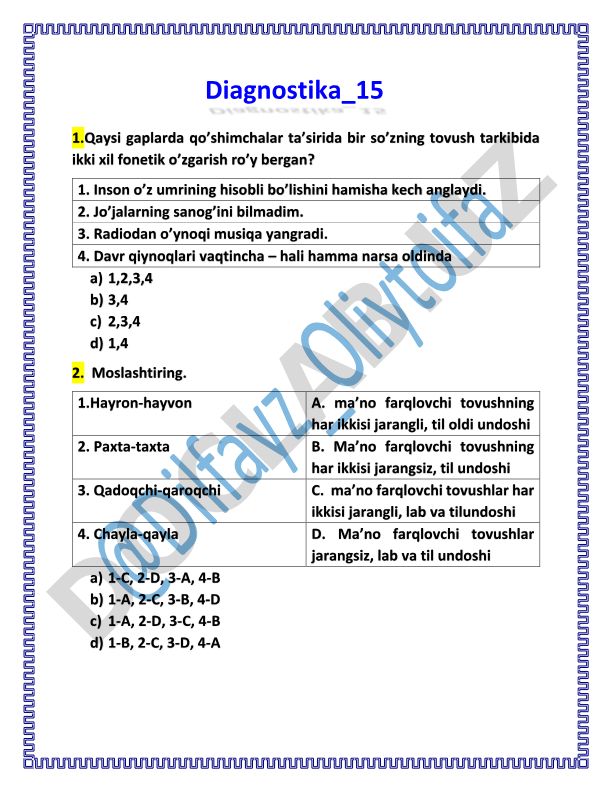 O'zbek tili diagnostik testi: fonetik o'zgarishlar, atamalar va moslashtirish