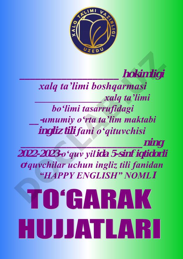 5-sinf iqtidorli o‘quvchilar uchun “HAPPY ENGLISH” to‘garagi ish rejasi