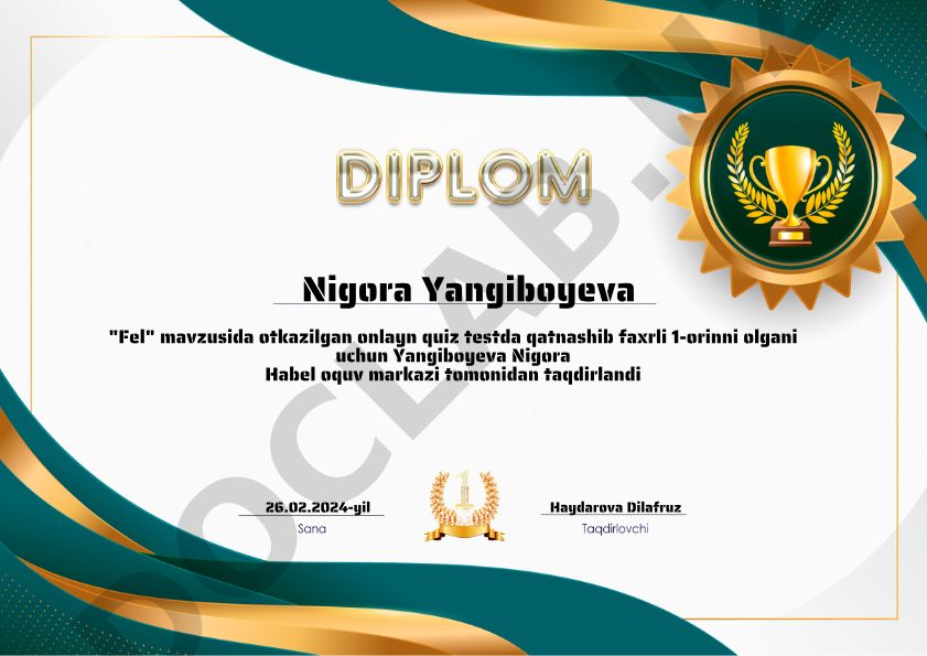 Nigora Yangiboyeva "Fel" mavzusidagi onlayn quiz testda g'alaba