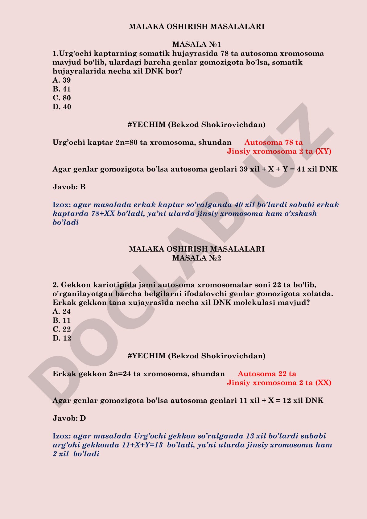 Biologiyadan malaka oshirish masalalari: DNK molekulalari soni