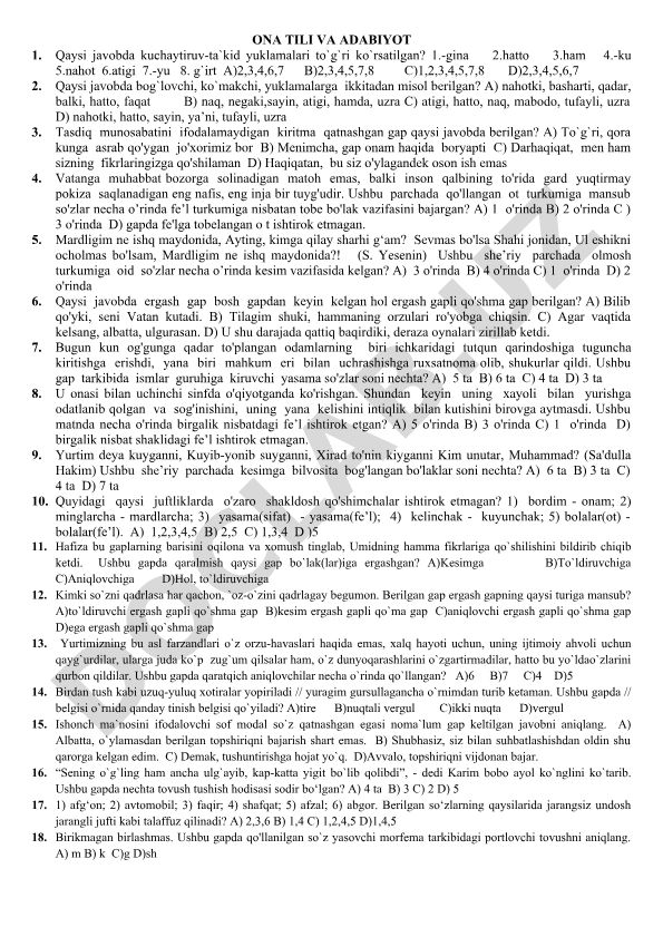 Ona tili va adabiyot fanidan test savollari