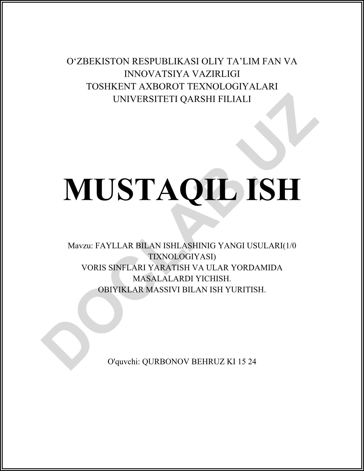 Fayllar bilan ishlashning yangi usullari, voris sinflari yaratish va ular yordamida masalalarni yechish, obyektlar massivi bilan ish yuritish