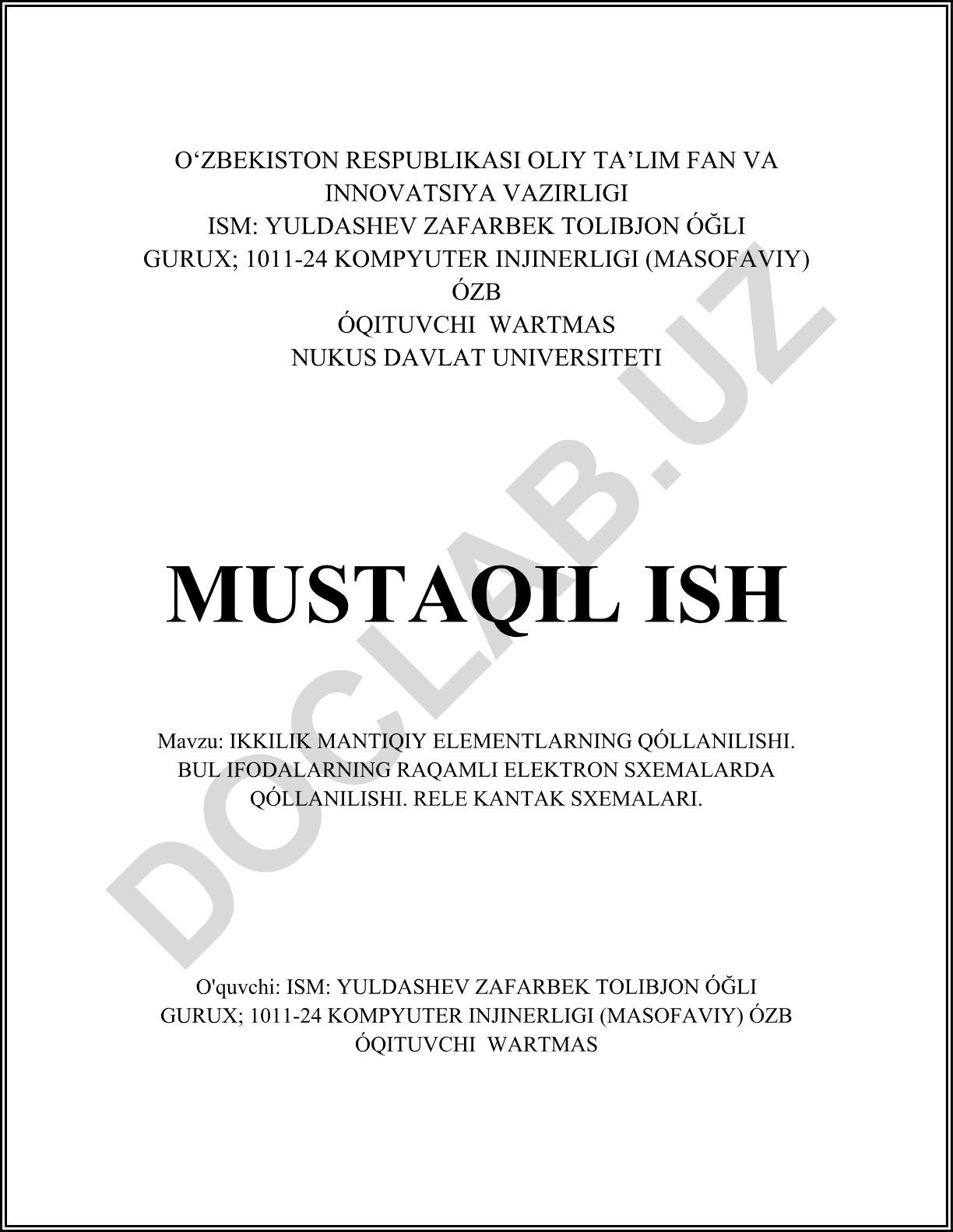 Ikkilik mantiqiy elementlarning qo‘llanilishi va rele kontakt sxemalari