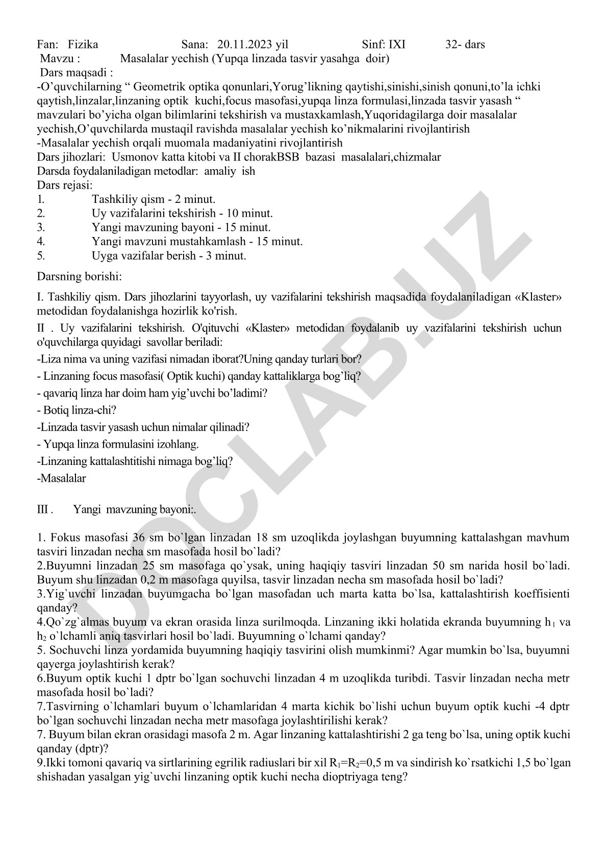 Masalalar yechish (Yupqa linzada tasvir yasahga doir)