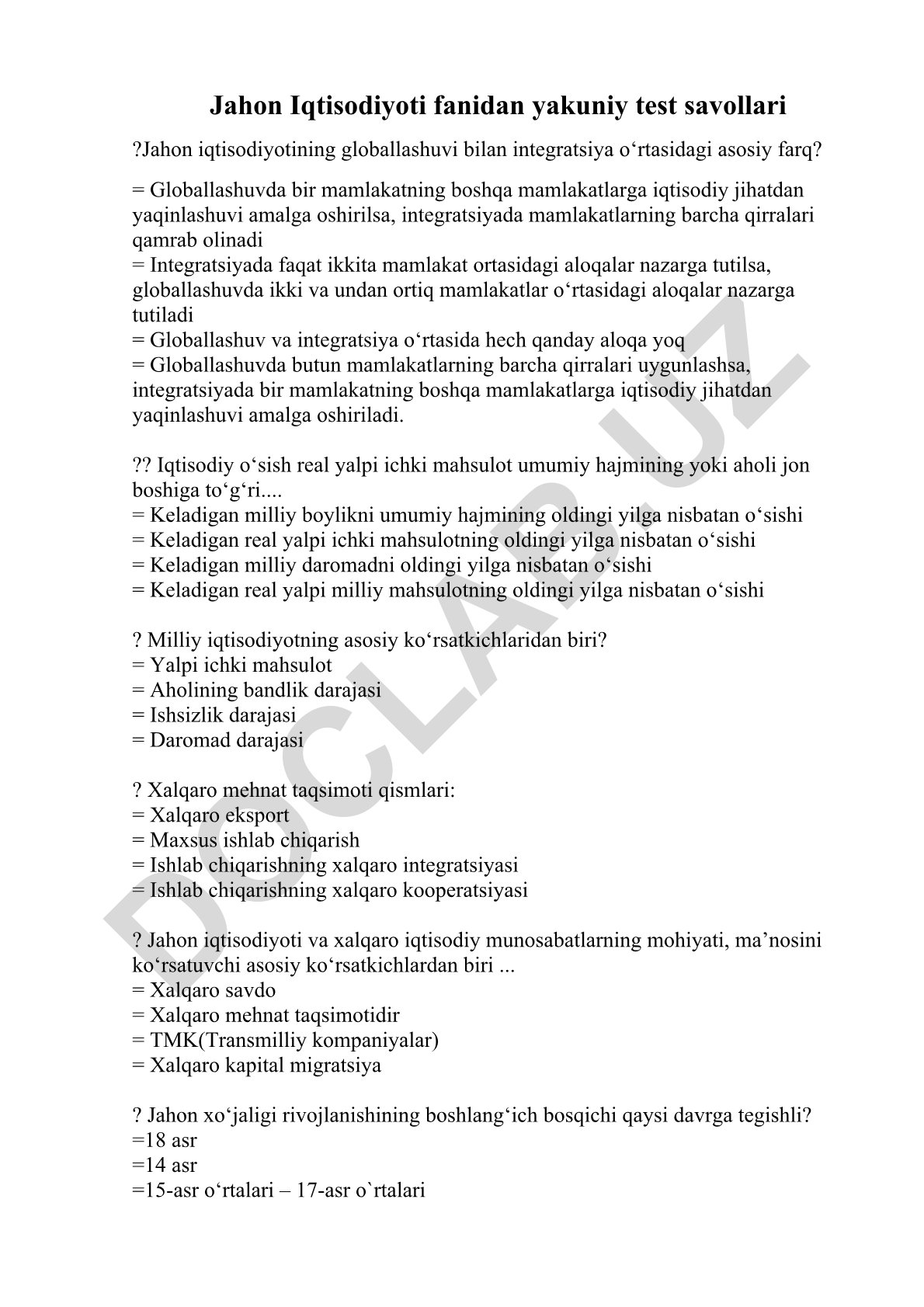 Jahon Iqtisodiyoti fanidan yakuniy test savollari