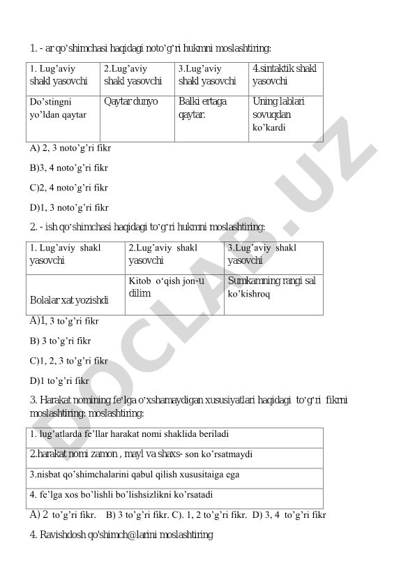 O'zbek tilida qo'shimchalar va harakat nomi xususiyatlari test savollari