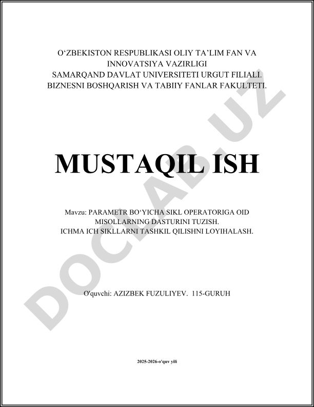 Parametr bo'yicha sikl operatoriga oid misollar va ichma ich sikllarni loyihalash