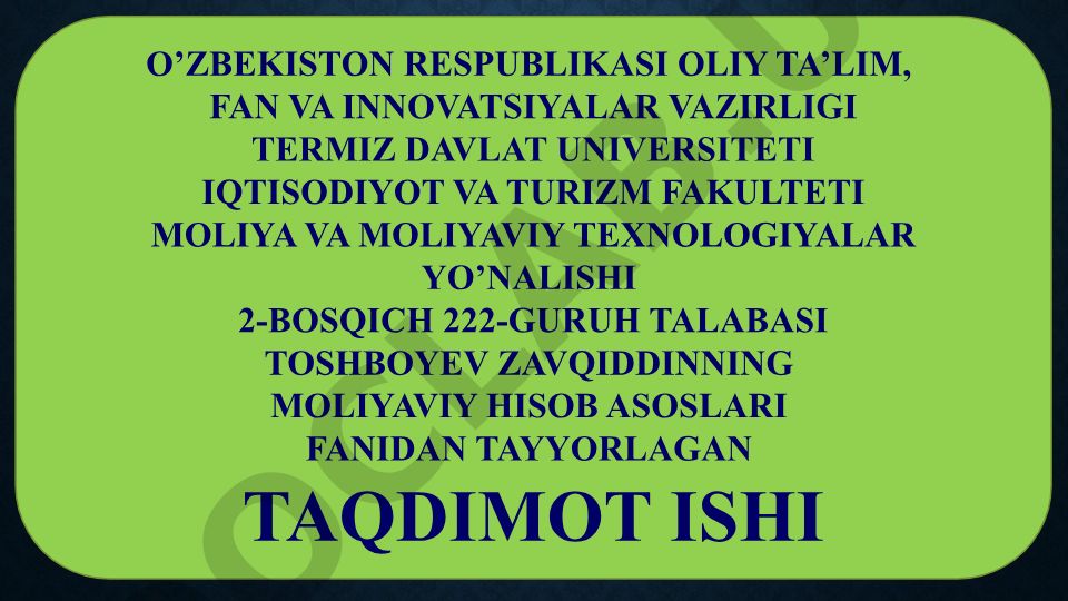 Hisobot yilining sof foydasi yoki zararlari va ularning taqsimlanishi