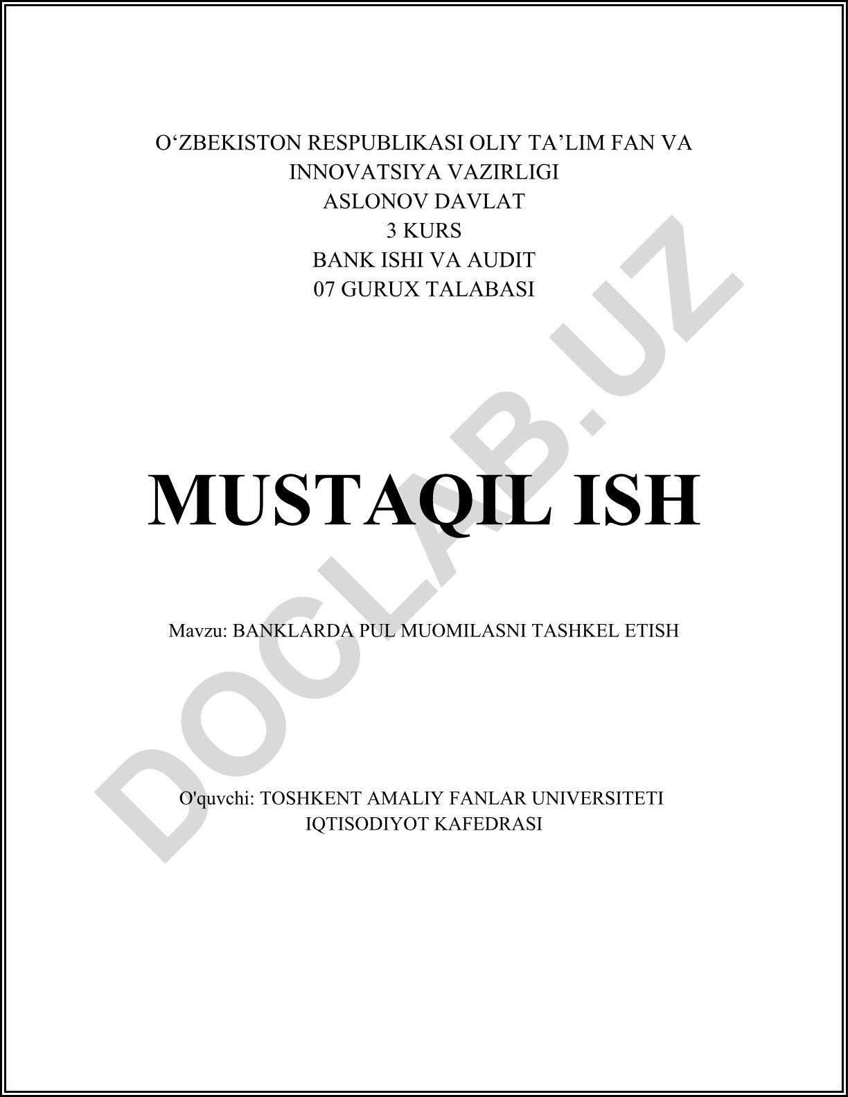 Banklarda pul muomalasini tashkil etish