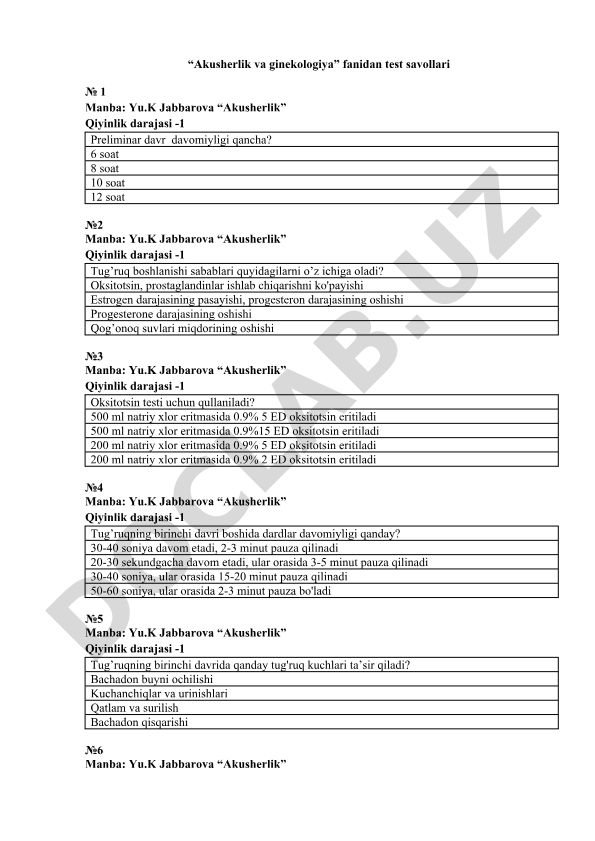 Akusherlik va ginekologiya fanidan test savollari
