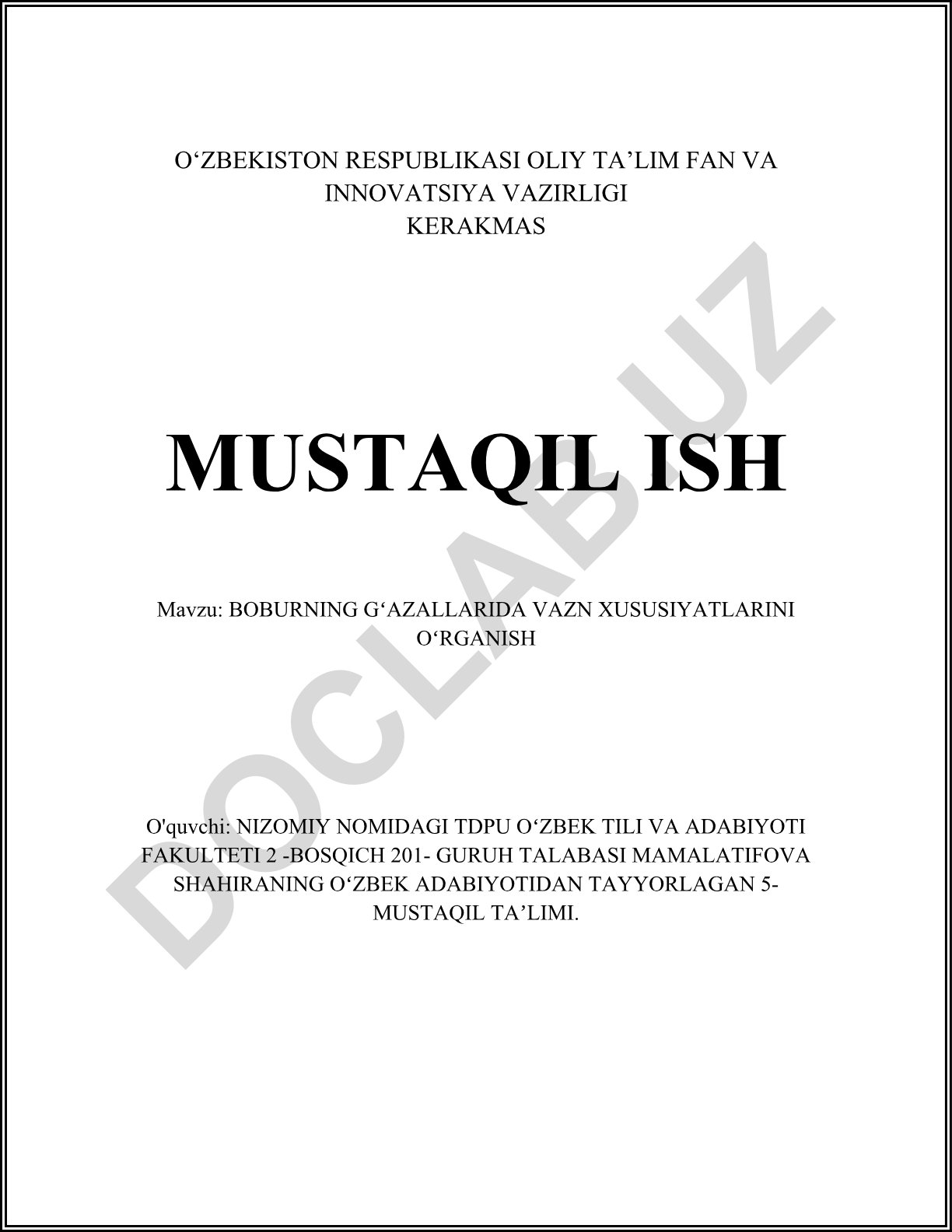 Boburning gʻazallarida vazn xususiyatlarini oʻrganish
