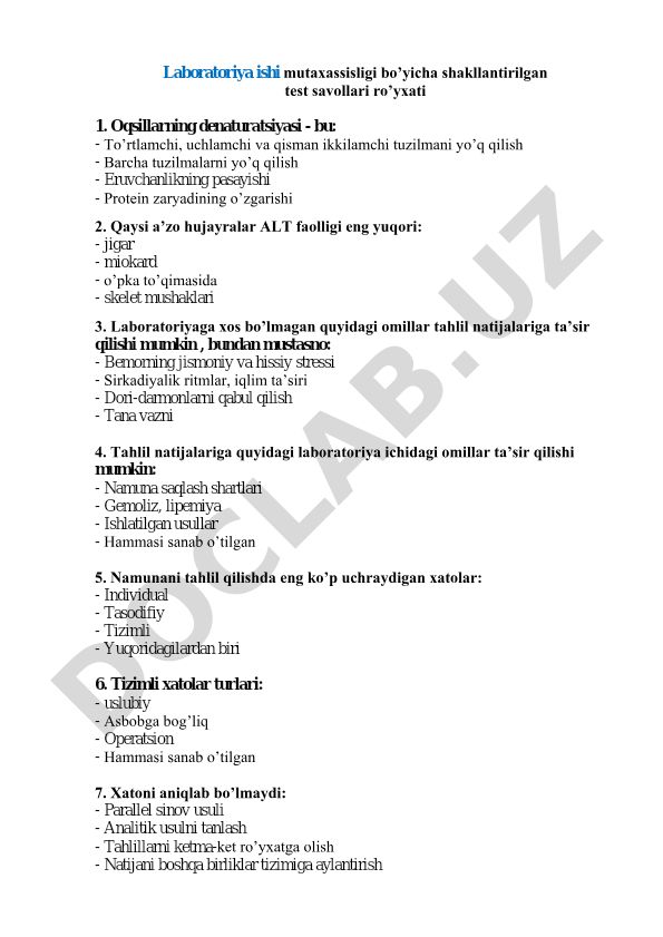Laboratoriya ishi mutaxassisligi bo'yicha test savollari