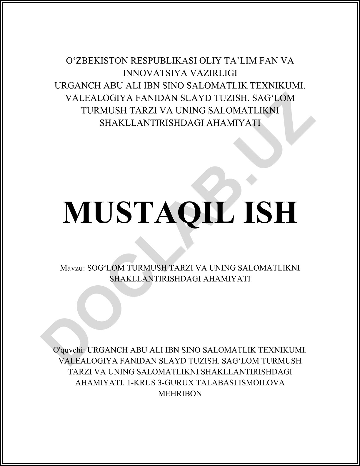 Sog'lom turmush tarzi va uning salomatlikni shakllantirishdagı ahamiyati