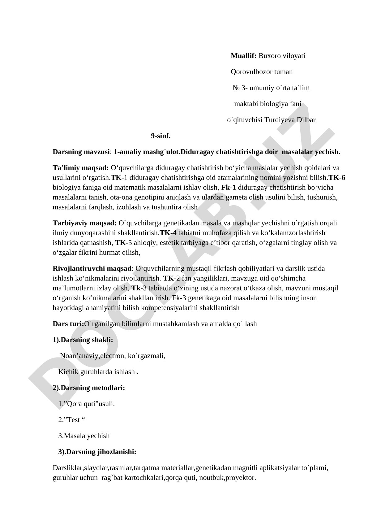 1-amaliy mashg`ulot.Diduragay chatishtirishga doir masalalar yechish