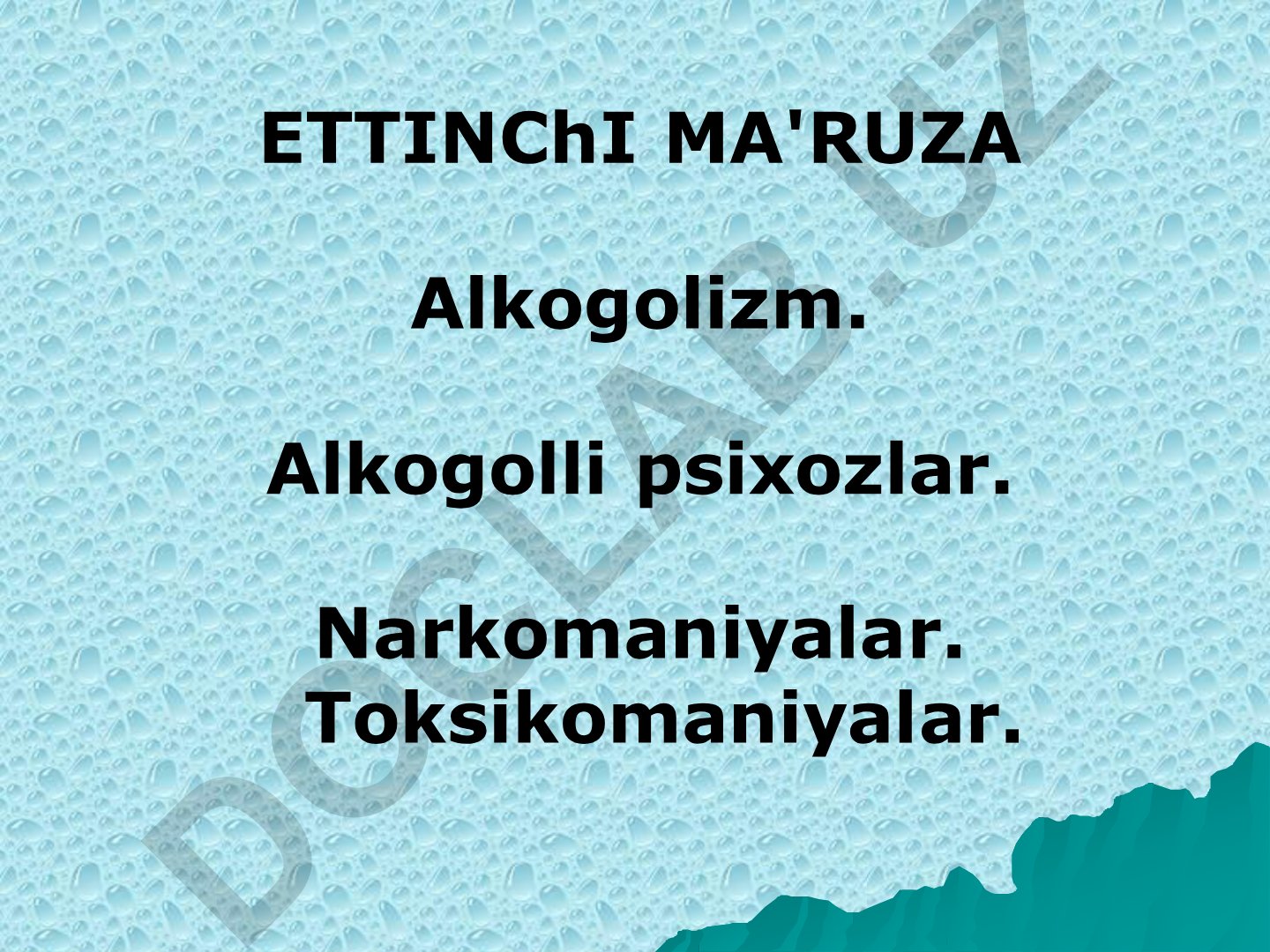 Alkogolizm, narkomaniyalar va toksikomaniyalar haqida ma'ruza