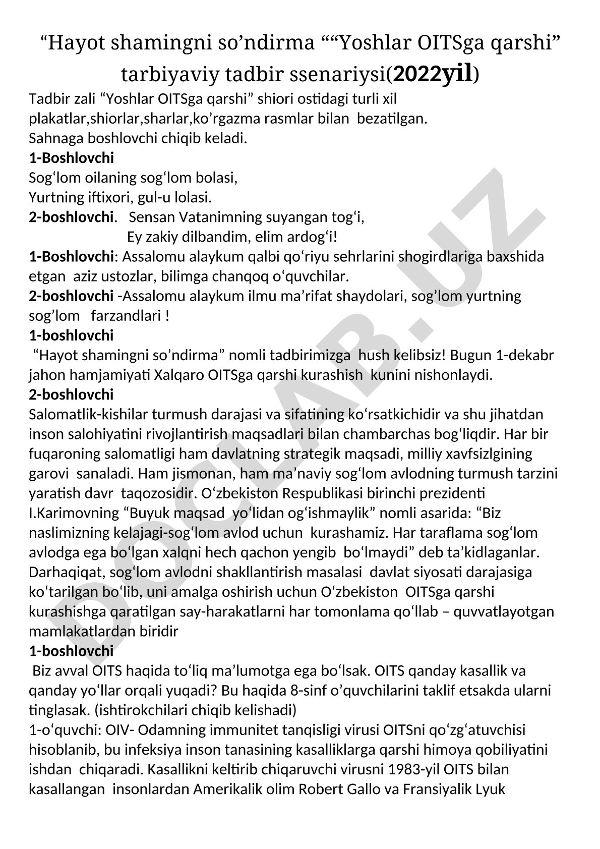 Hayot shamingni so'ndirma Yoshlar OITSga qarshi tarbiyaviy tadbir ssenariysi