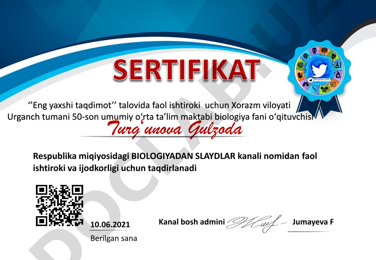 Biologiya o'qituvchisi Turg'unova Gulzodaga taqdirlash