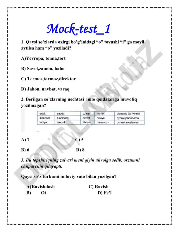 O'zbek tili imlo va grammatikasi test savollari