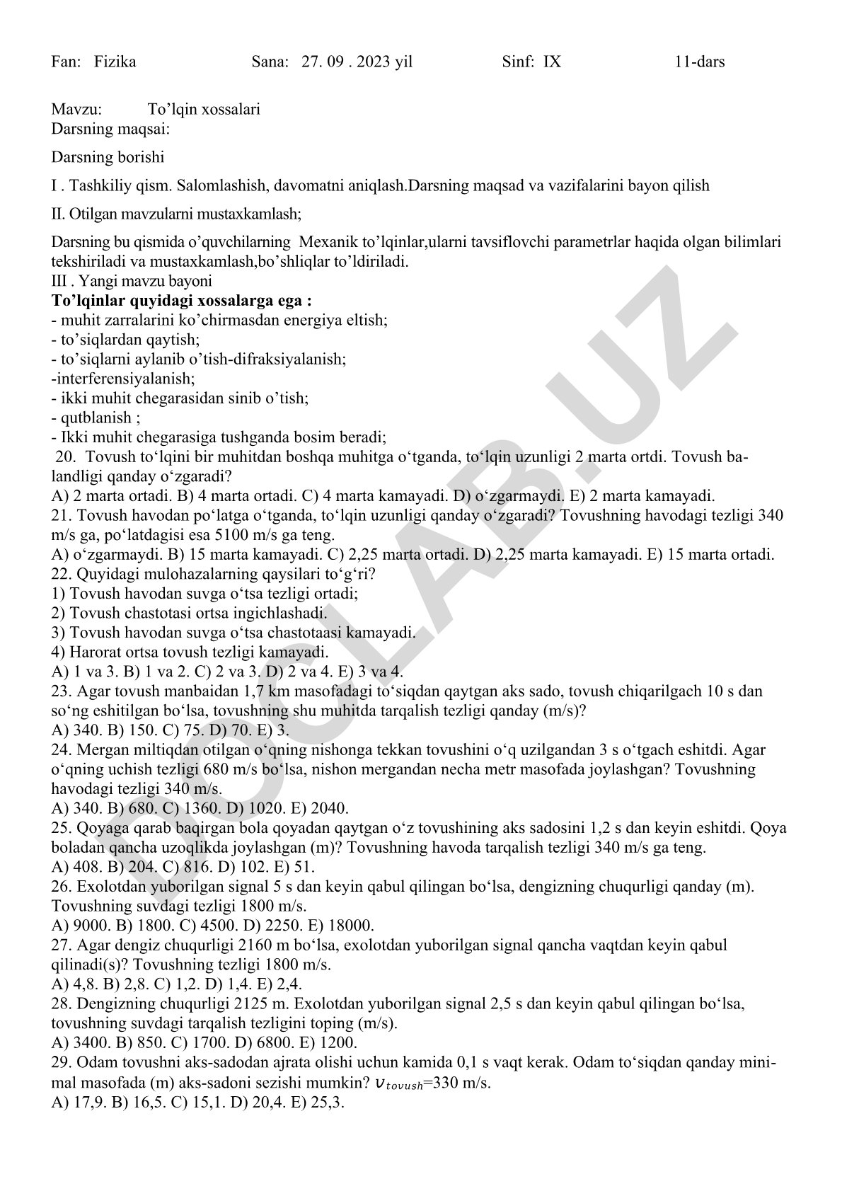 To’lqin xossalari