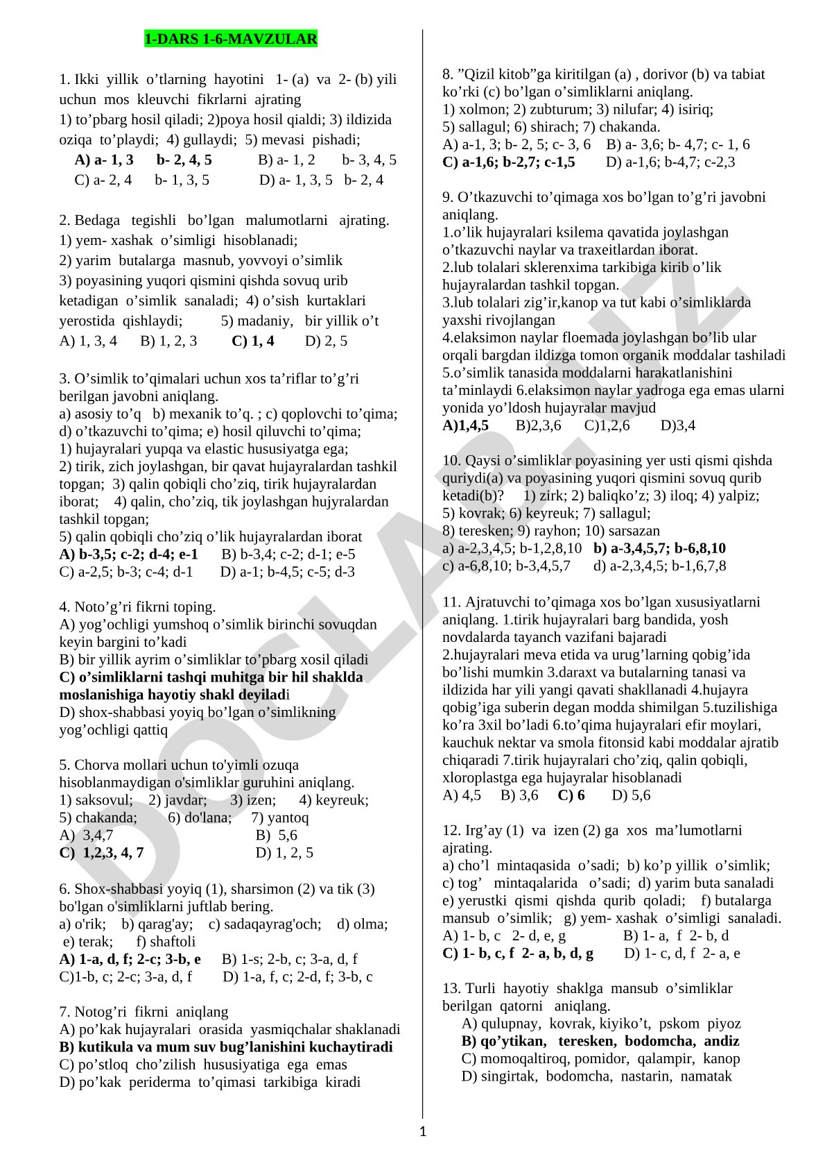 O'simliklar hayoti va to'qimalari bo'yicha test savollari