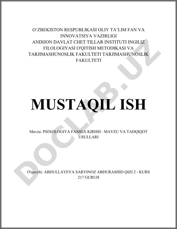 Psixologiya faniga kirish: mavzu va tadqiqot usullari