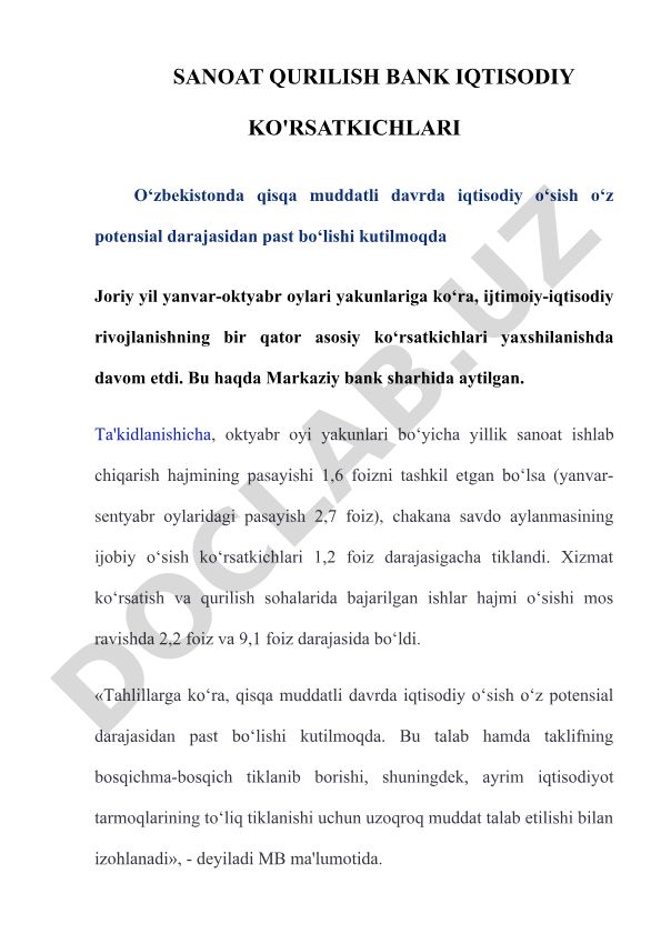 O'zbekistonda sanoat qurilish bank iqtisodiy ko'rsatkichlari