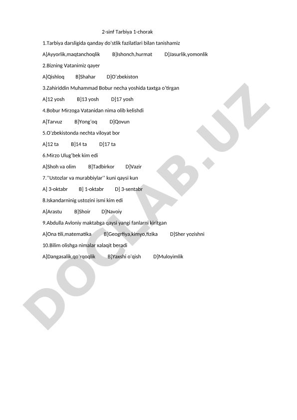 2-sinf Tarbiya darsligi test savollari