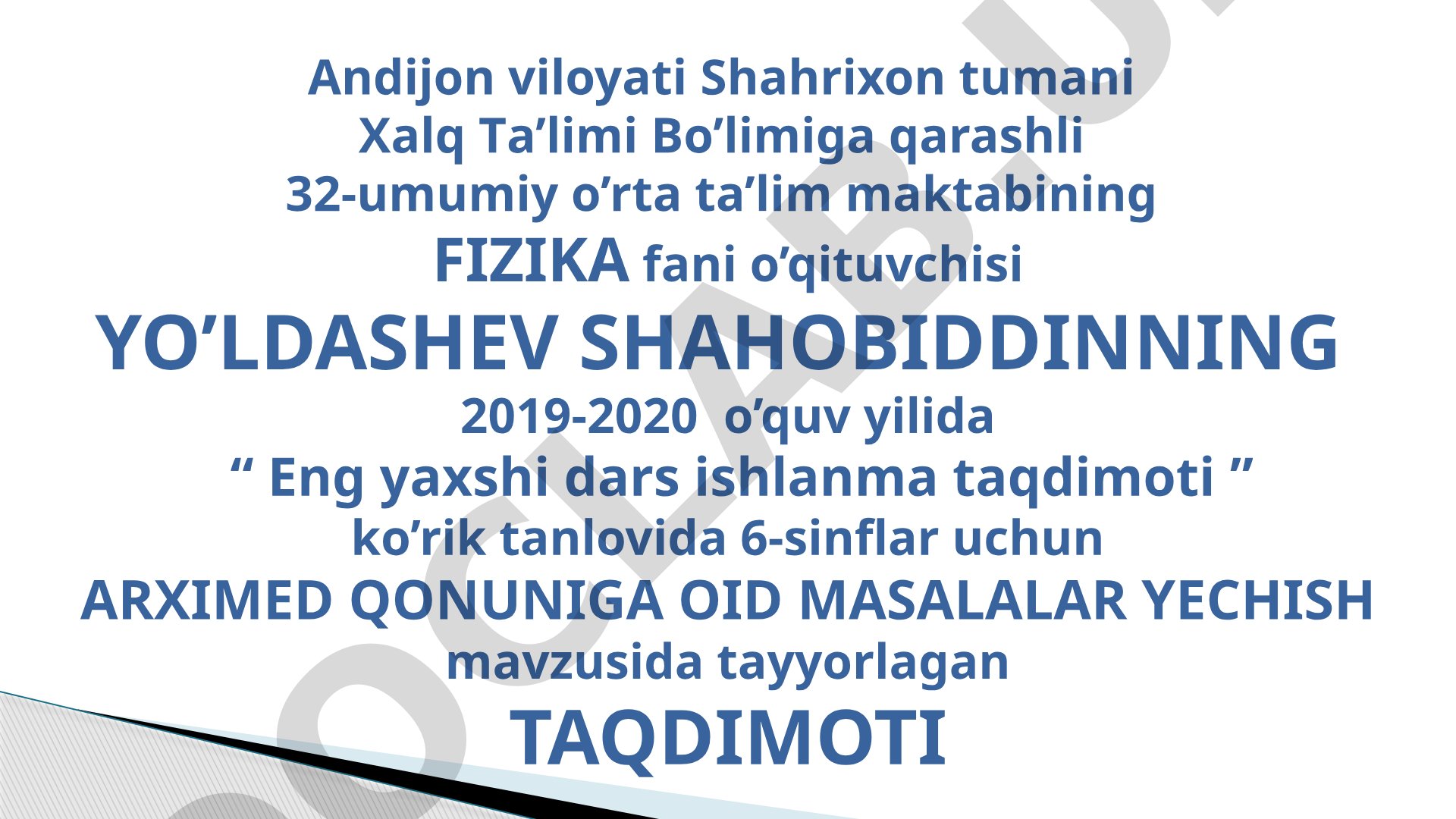 Arximed qonuniga oid masalalar yechish