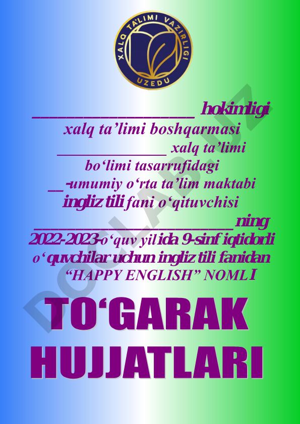 9-sinf iqtidorli o'quvchilar uchun ingliz tili fanidan "HAPPY ENGLISH" to'garagi