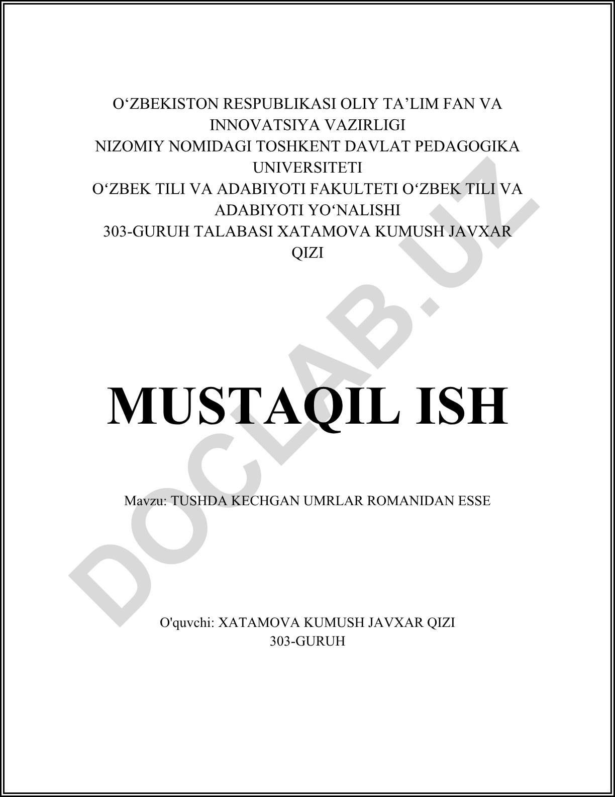 TUSHDA KECHGAN UMRLAR ROMANIDAN ESSE