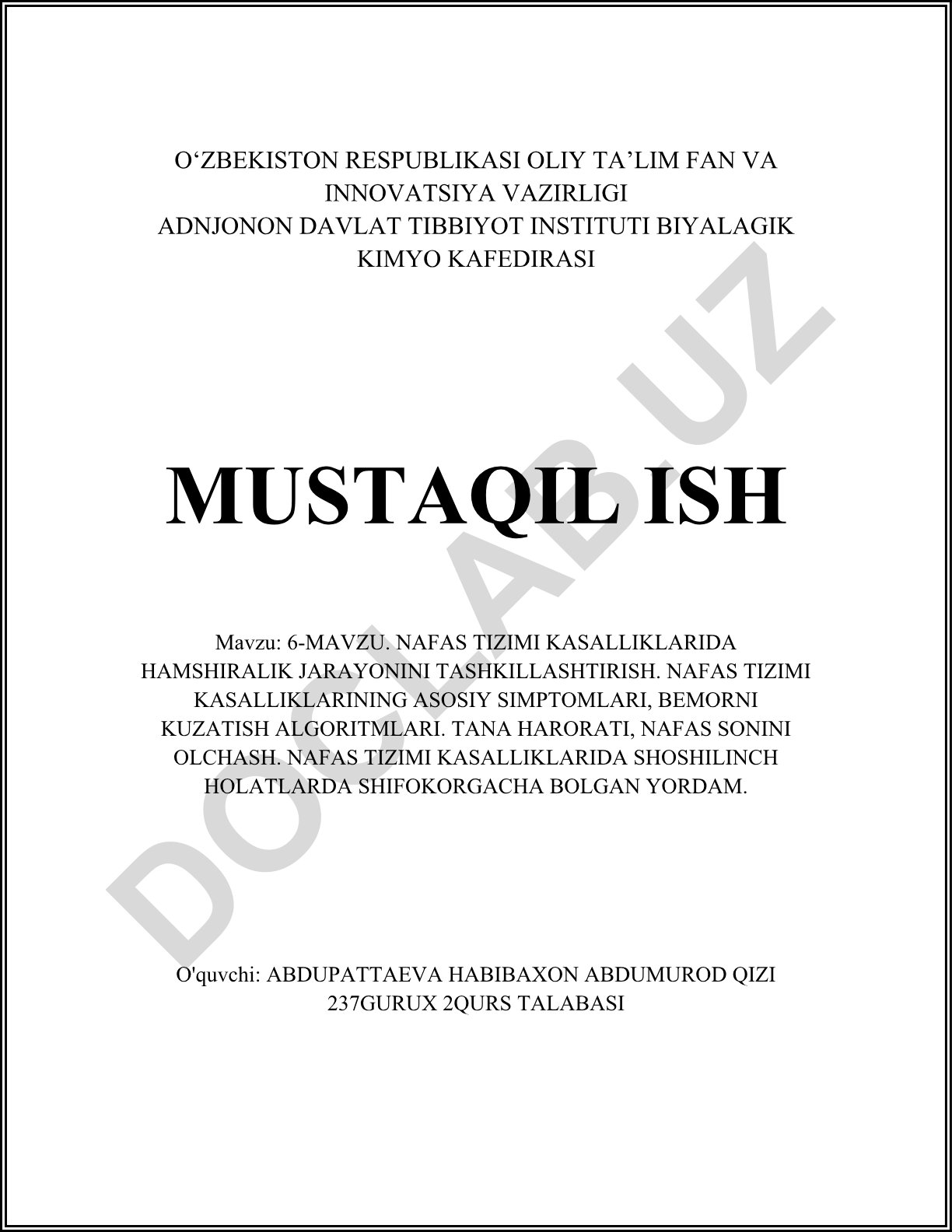 Nafas tizimi kasalliklarida hamshiralik jarayonini tashkil etish va bemor kuzatish