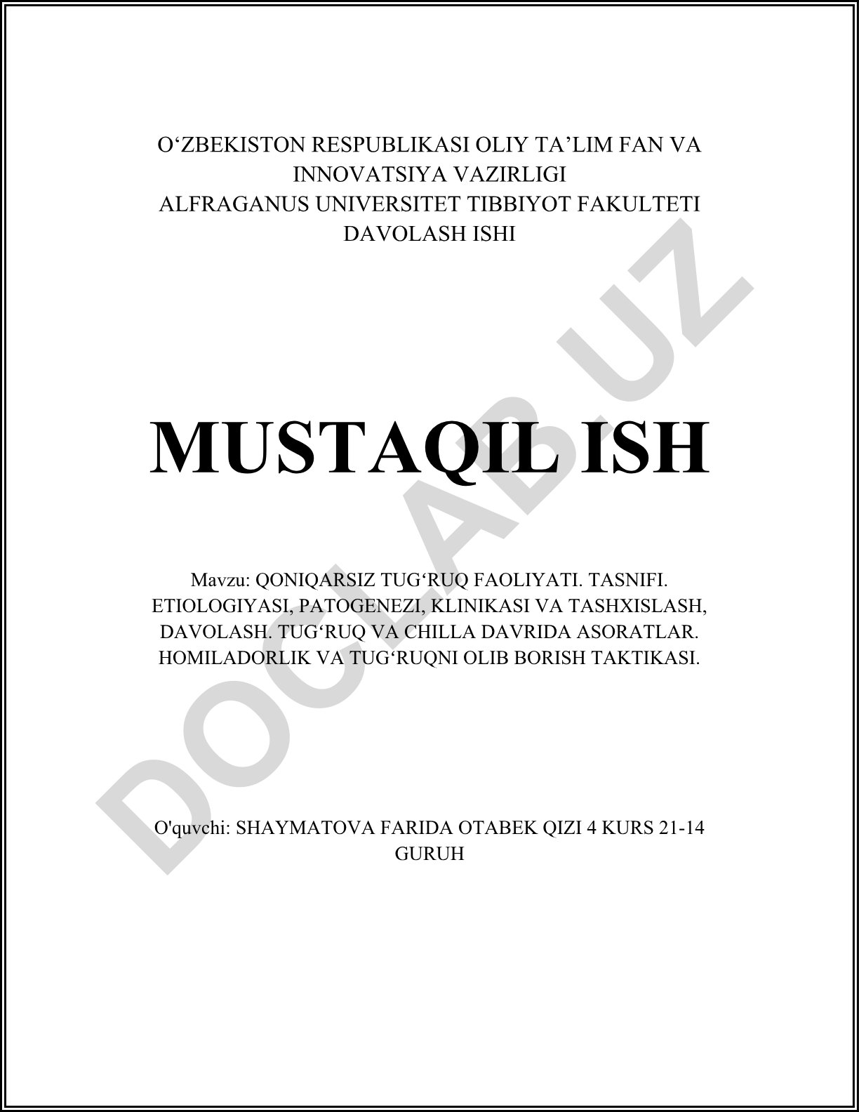 Qoniqarsiz tugʻruq faoliyati: tasnifi, etiologiyasi, klinikasi, tashxislash va davolash