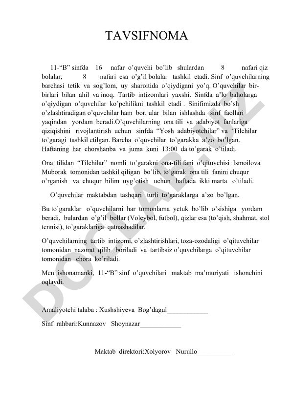 11-“B” sinfi o'quvchilari tavsifi va to'garak faoliyati