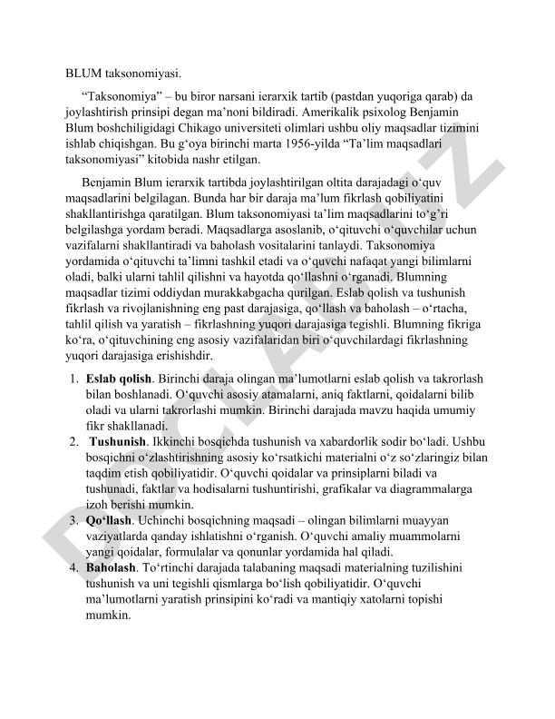 Blum taksonomiyasi va ta'lim maqsadlari