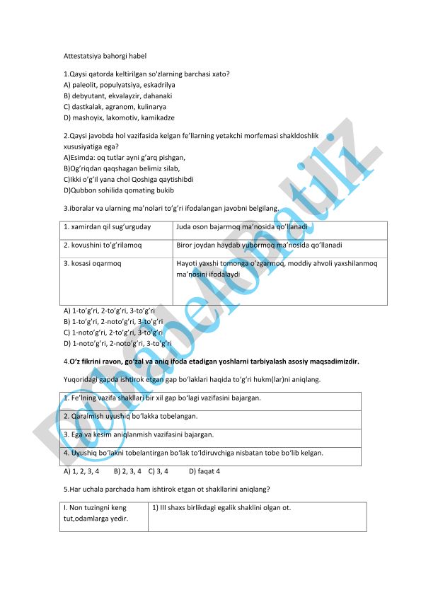 O'zbek tili attestatsiya test savollari