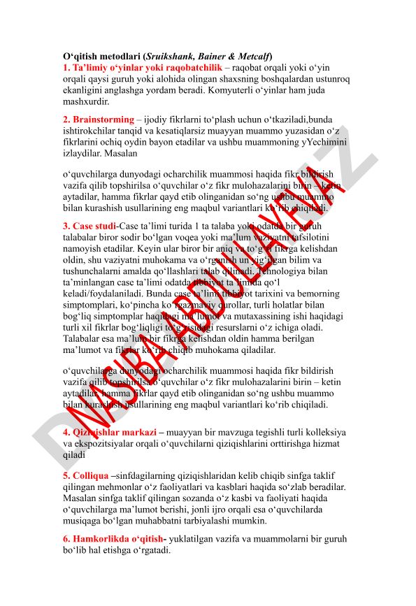 O‘qitish metodlari: o‘yinlar, brainstorming va case study