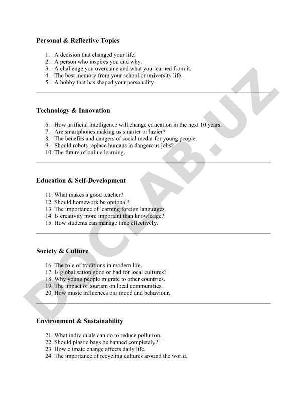 Personal, Technology, Education, Society and Environment Discussion Topics