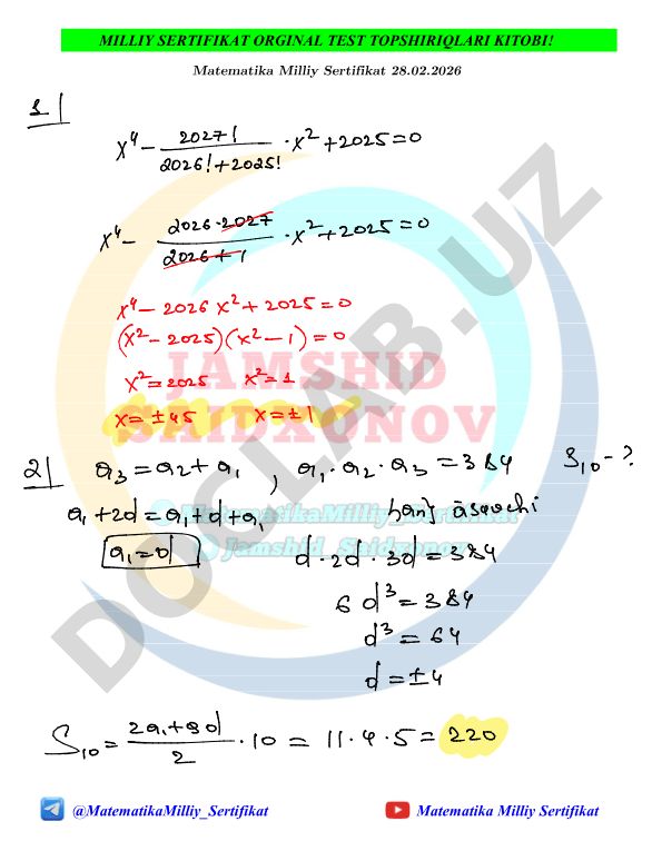 Matematika Milliy Sertifikat test topshiriqlari