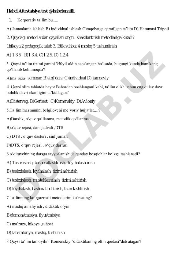 Pedagogika test savollari va javoblari