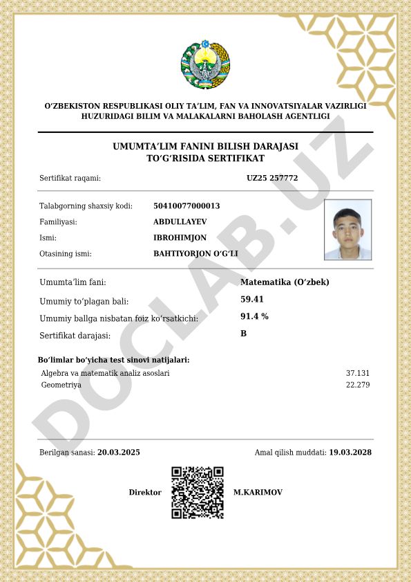 Matematika fanidan bilish darajasini tasdiqlovchi sertifikat