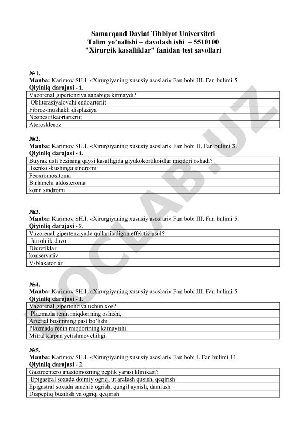 Xirurgik kasalliklar fanidan test savollari